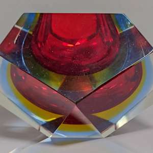 60s Heavy Ashtray Red Blue Yellow Murano Glass by Flavio Poli for Seguso Italy