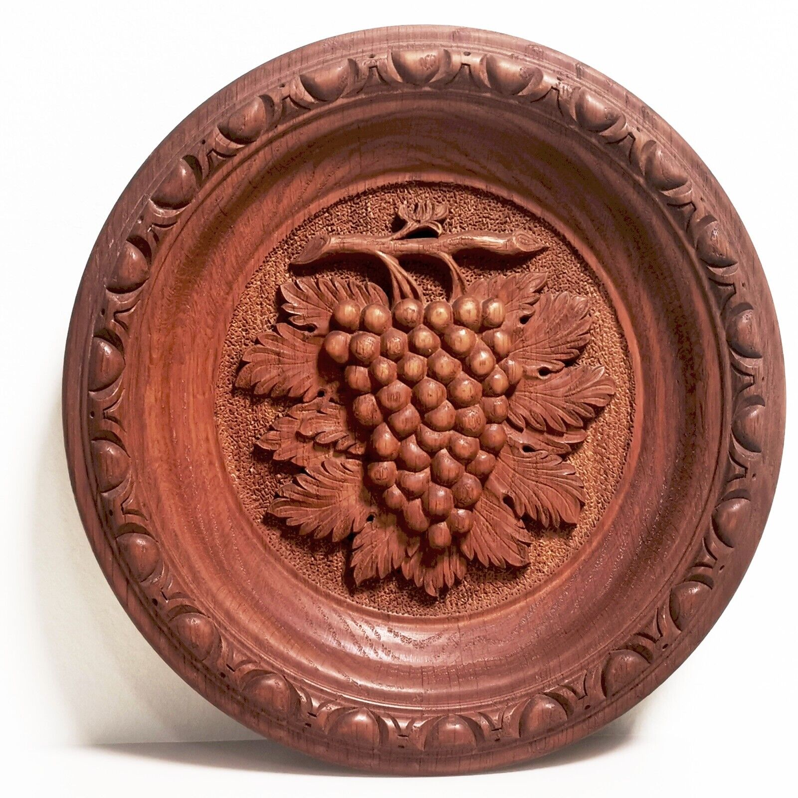 Black Forest Wall Hanging Wood Hand Carved Round Grape Plaque Signed 50's Lecie