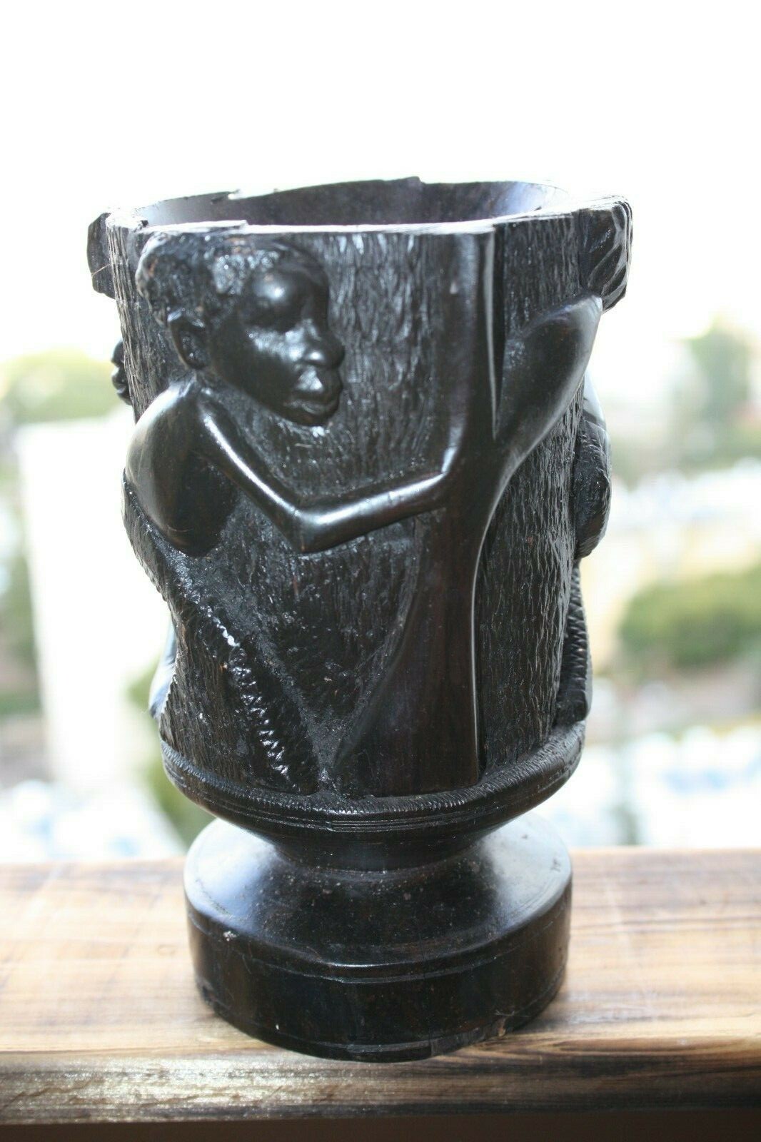 Hard and Heavy Ebony Wood Hand Carved African Tribal Art Goblet Cup Urn Vessel - Image 11