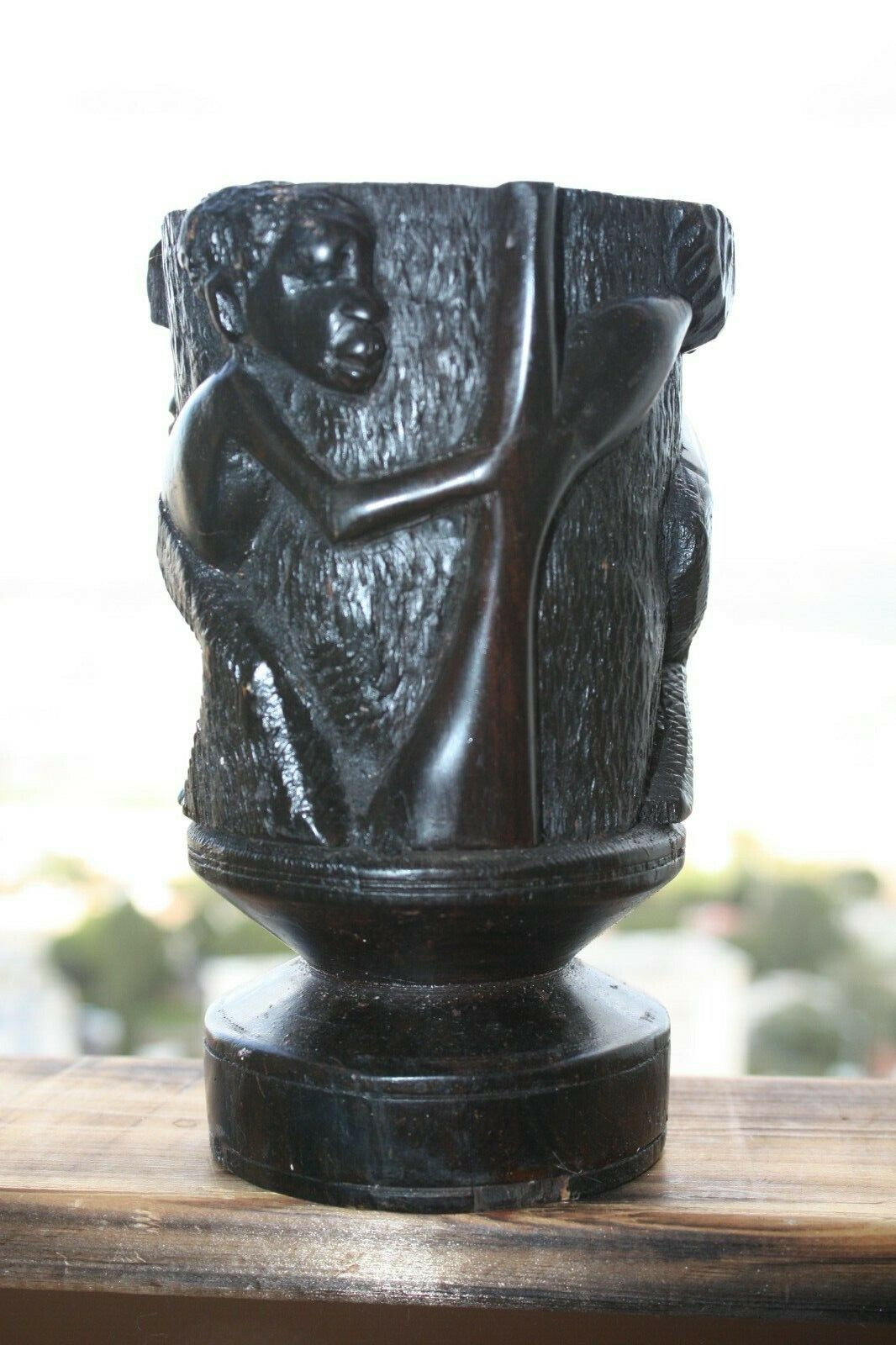 Hard and Heavy Ebony Wood Hand Carved African Tribal Art Goblet Cup Urn Vessel - Image 12