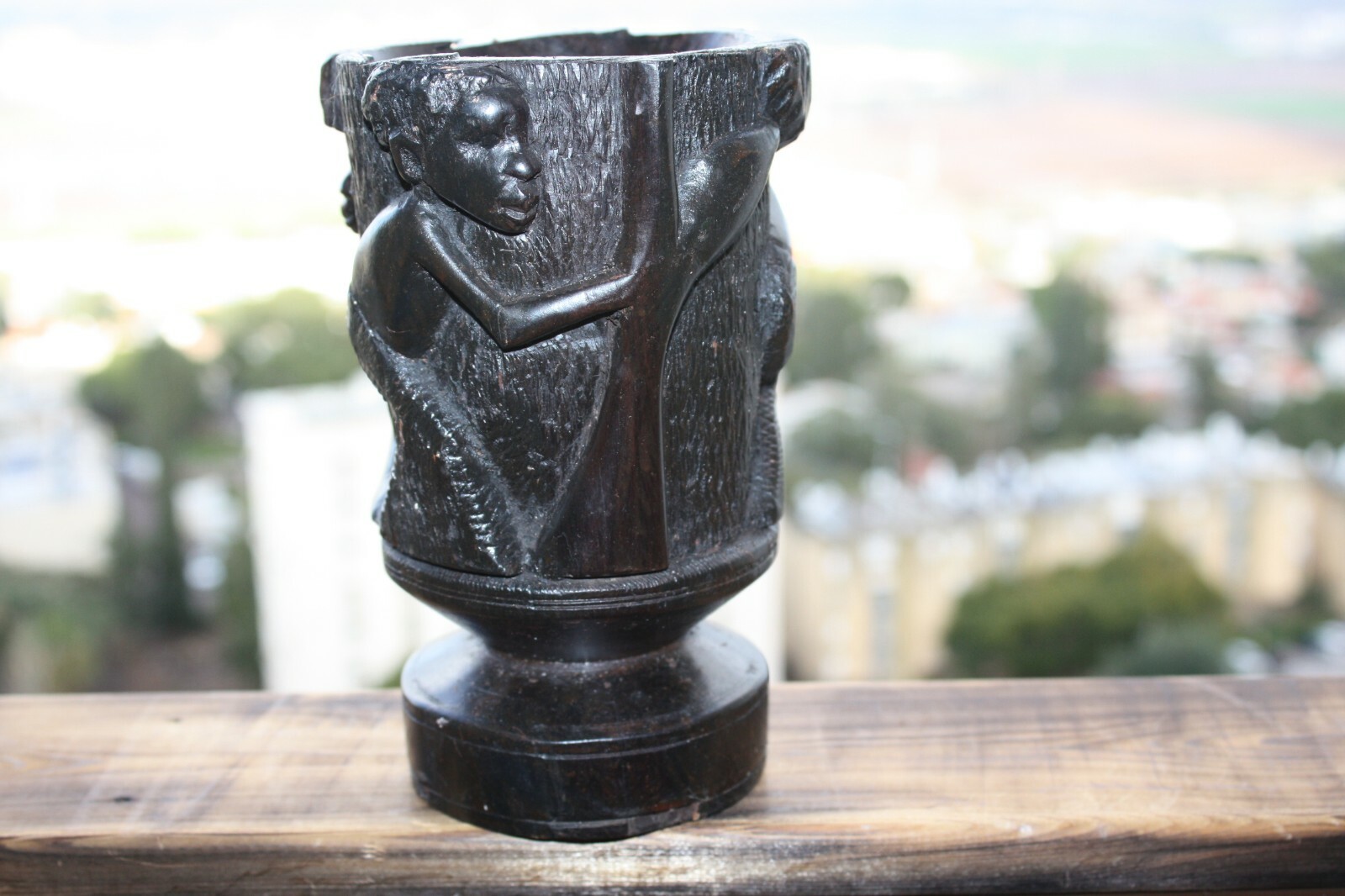 Hard and Heavy Ebony Wood Hand Carved African Tribal Art Goblet Cup Urn Vessel - Image 3