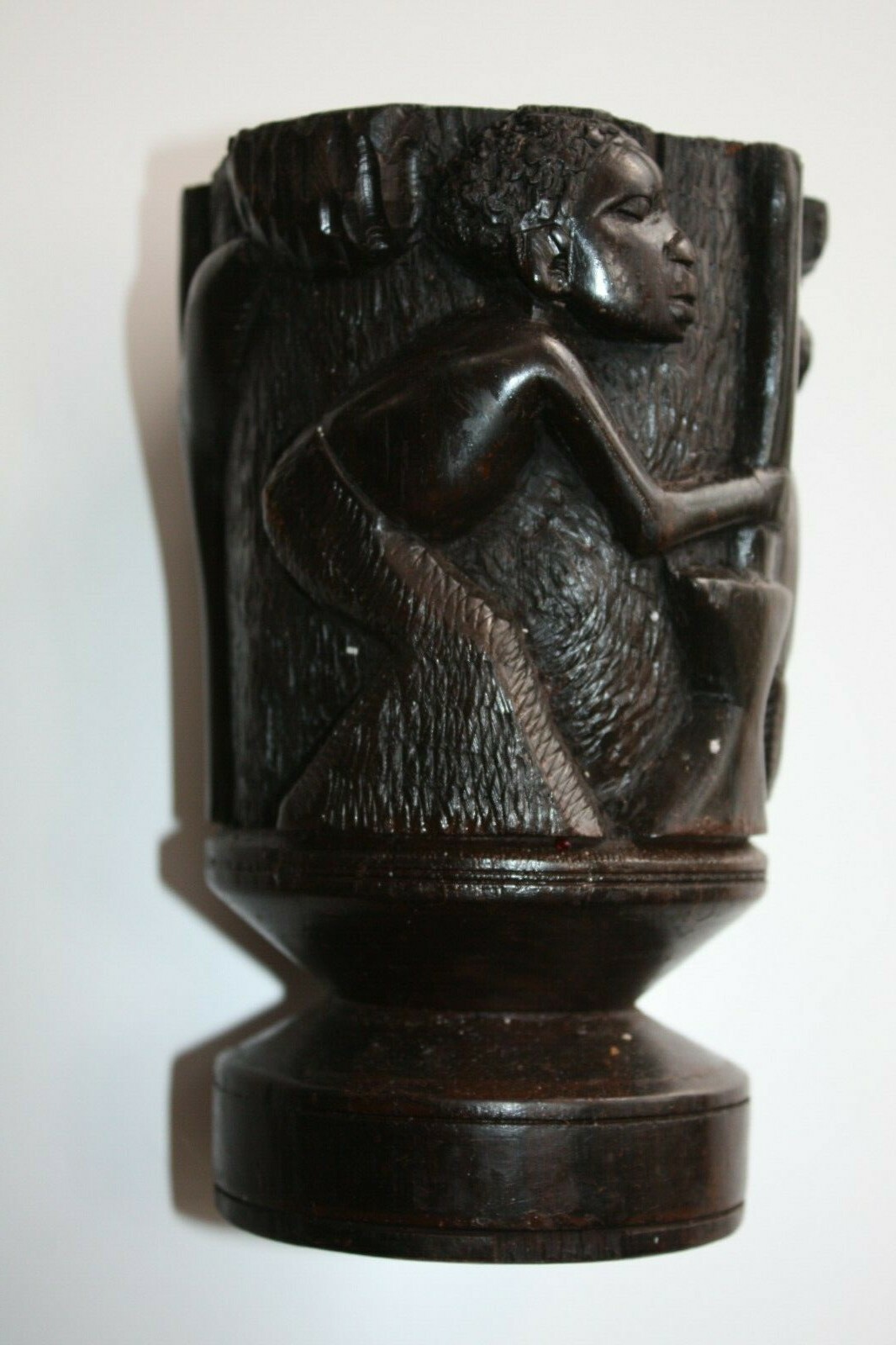 Hard and Heavy Ebony Wood Hand Carved African Tribal Art Goblet Cup Urn Vessel - Image 5