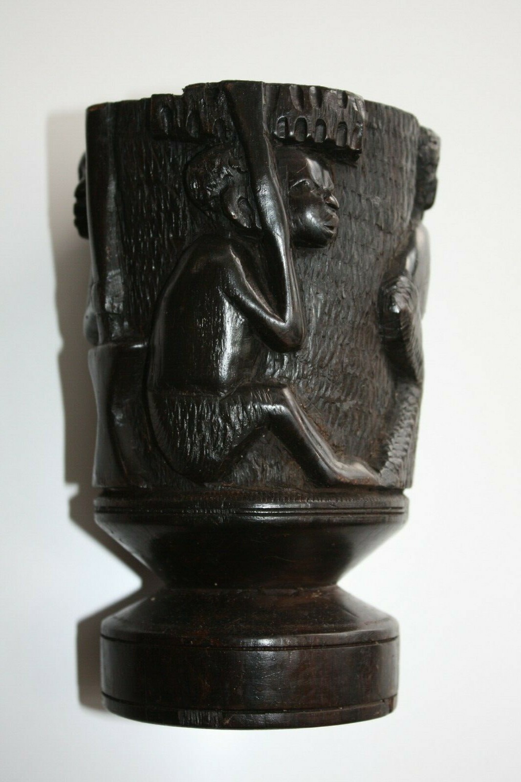 Hard and Heavy Ebony Wood Hand Carved African Tribal Art Goblet Cup Urn Vessel - Image 6