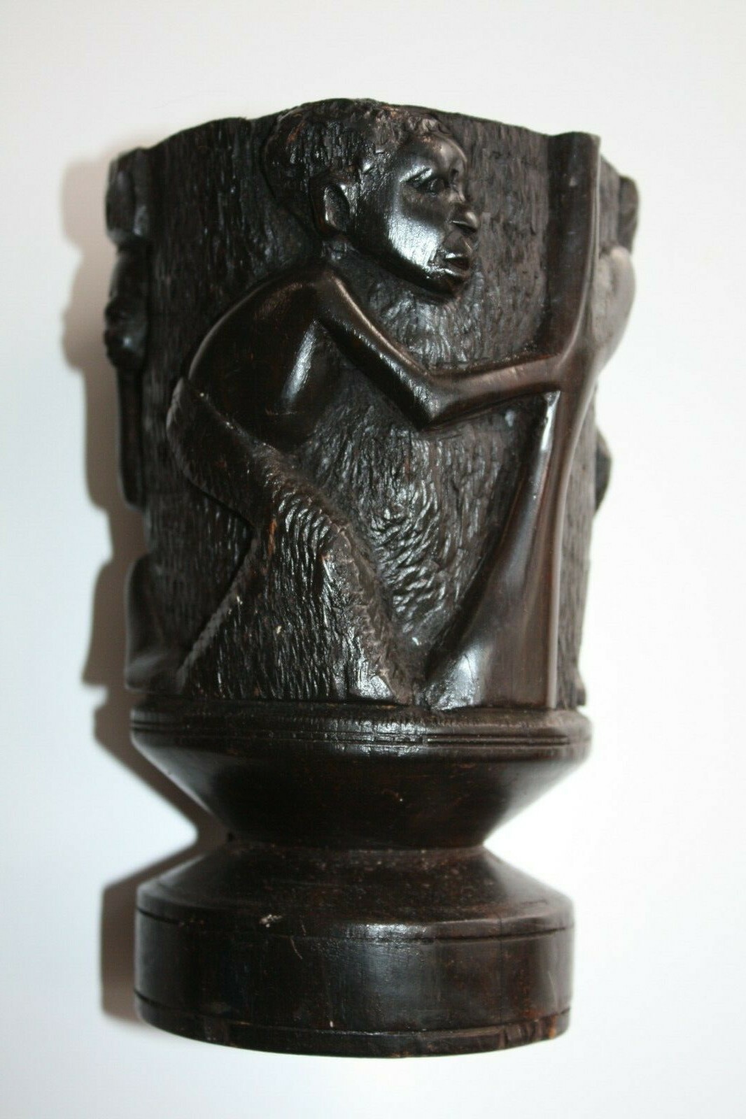 Hard and Heavy Ebony Wood Hand Carved African Tribal Art Goblet Cup Urn Vessel - Image 7