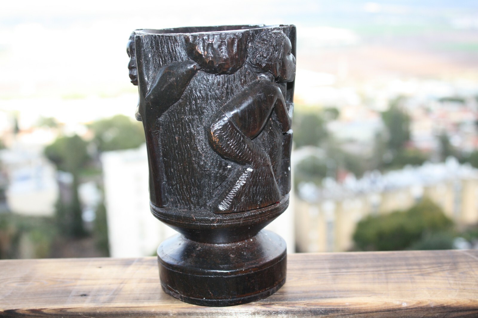 Hard and Heavy Ebony Wood Hand Carved African Tribal Art Goblet Cup Urn Vessel - Image 10