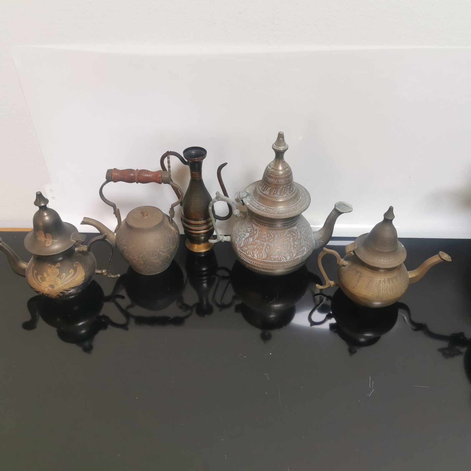 Lot of 5 Antique Eastern Brass Copper Teapot Decor With Hinged Lid - Image 12