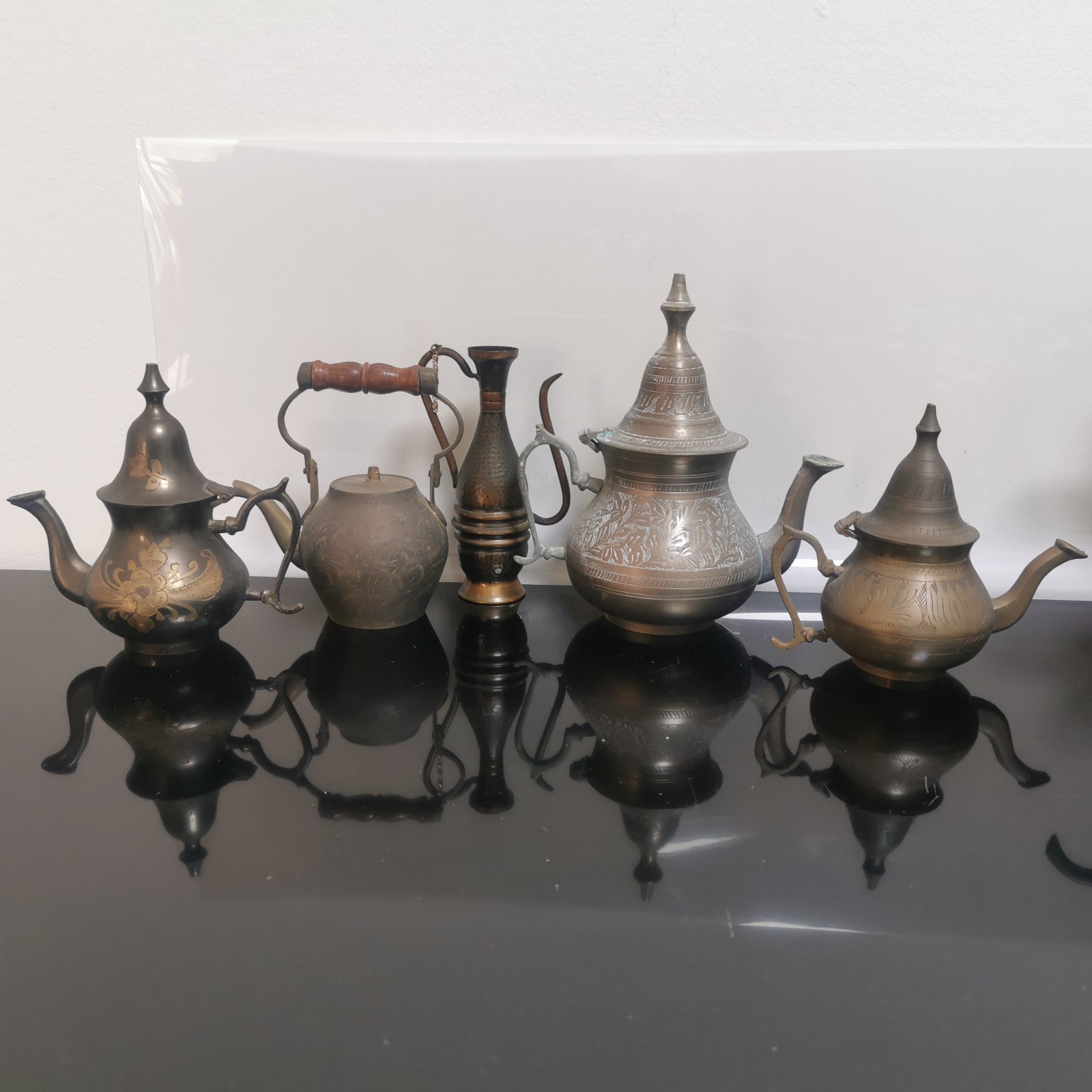 Lot of 5 Antique Eastern Brass Copper Teapot Decor With Hinged Lid