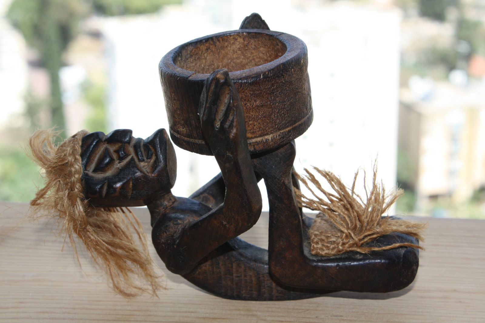 Vintage Hand Carved Wooden Ashtray Tarzan Figurine Primitive Home Decor Rare 5"