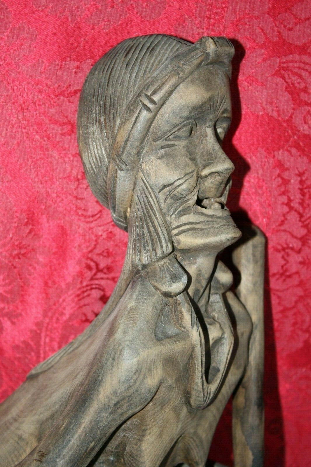 Female XXL 24" Antique Philippine Igorot Tribe Wood Carved Warrior Head Hunter