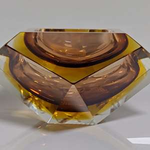 Heavy 60's Flavio Poli Seguso Bowl Ahtray Italy Murano Glass Brown Yellow Clear
