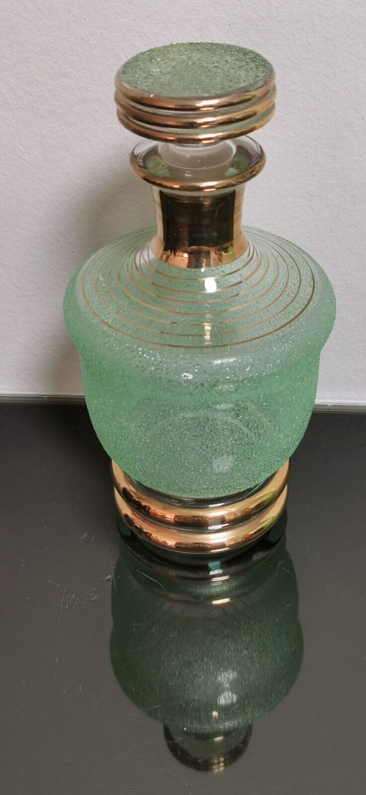 Old Vintage Green Glass and Gold Decanter with Stopper - Image 2