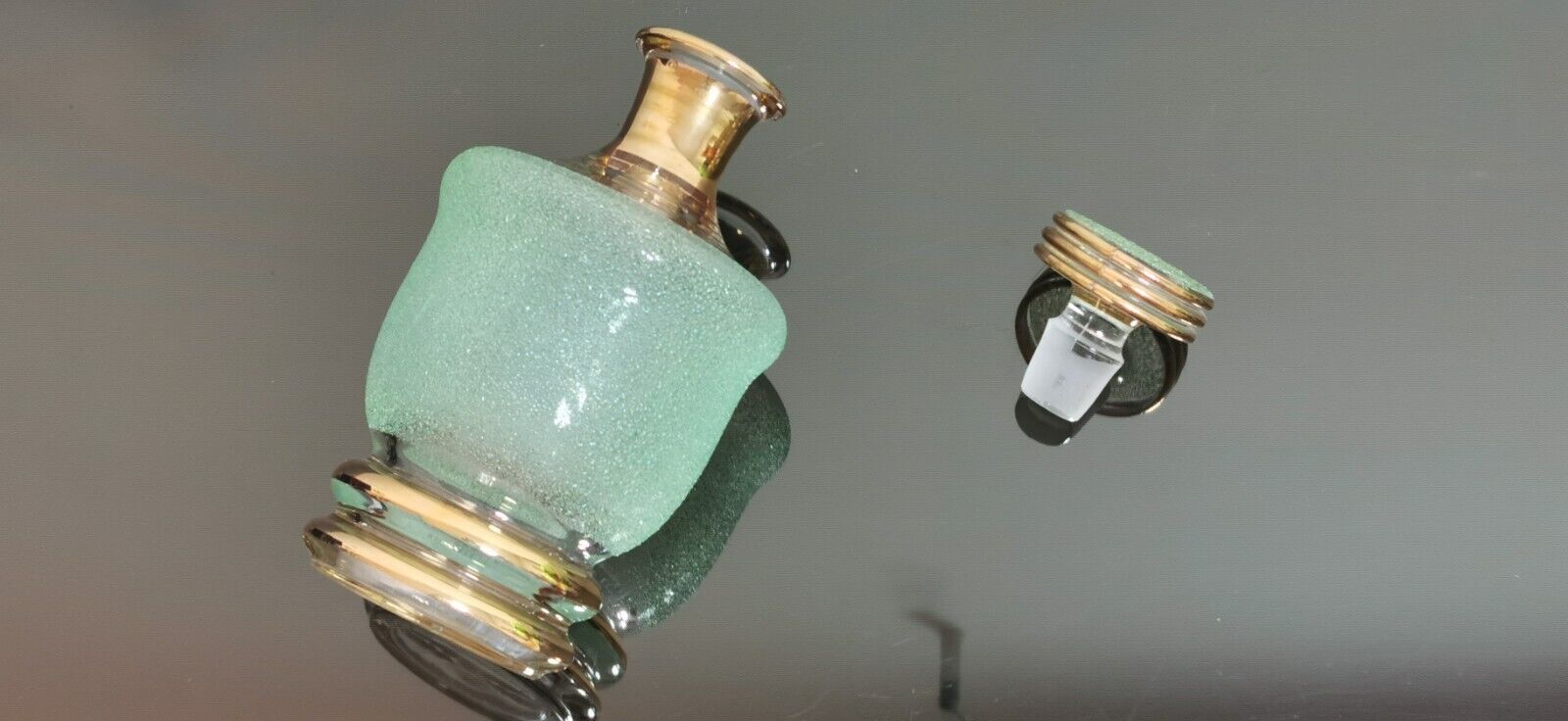 Old Vintage Green Glass and Gold Decanter with Stopper - Image 4