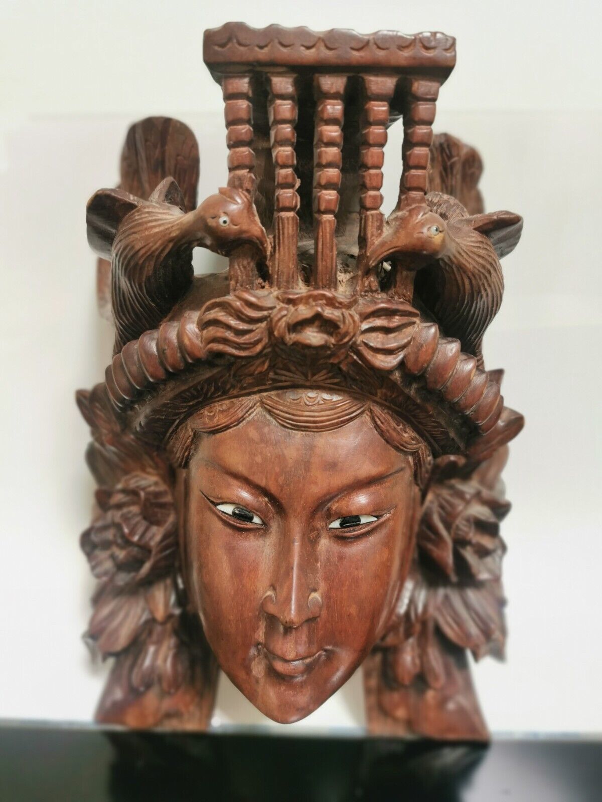 Vintage 19C Rosewood Hand Carved Asian Chinese Face Mask Birds Wall Decor 27cm - Image 3