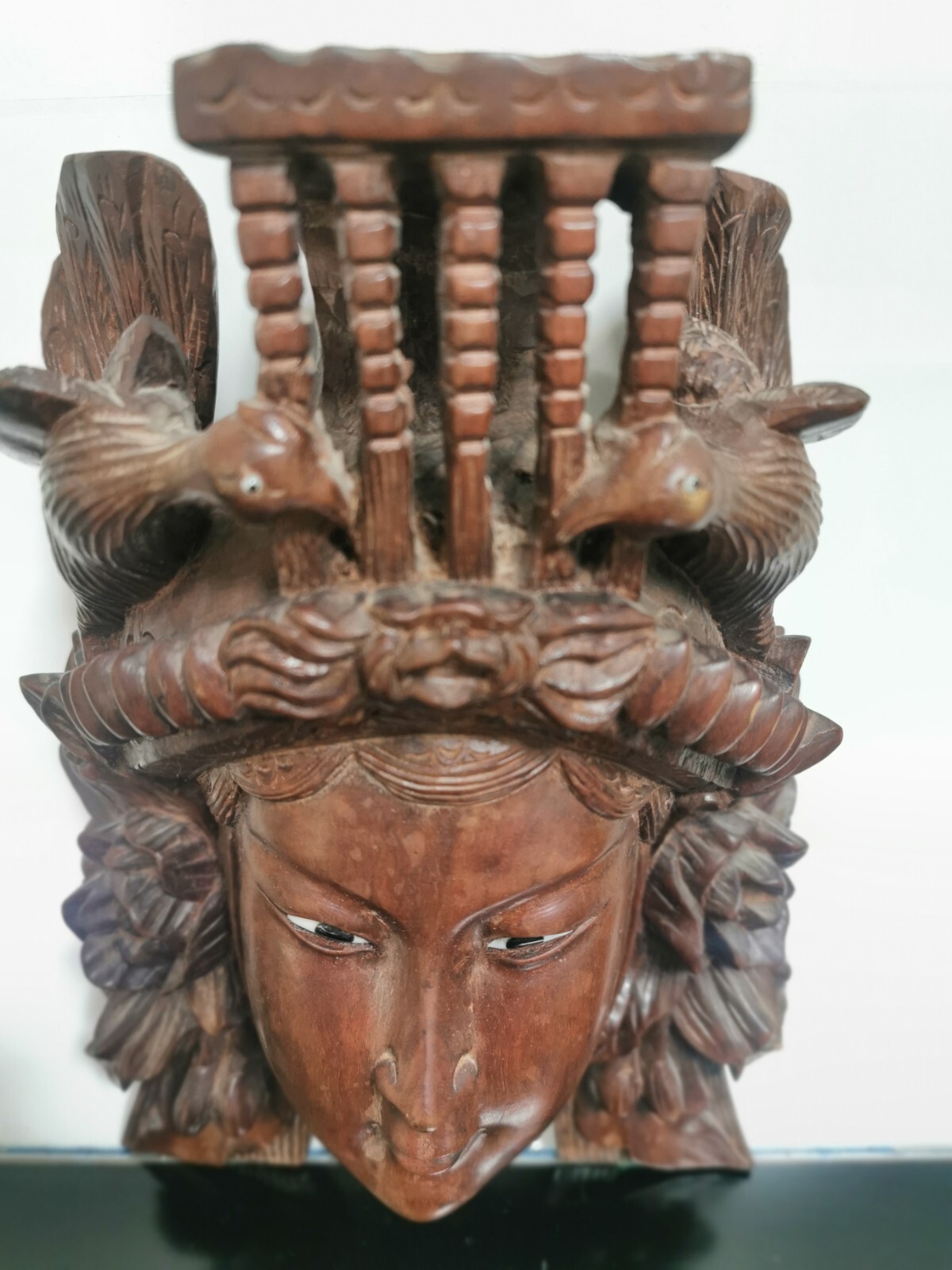 Vintage 19C Rosewood Hand Carved Asian Chinese Face Mask Birds Wall Decor 27cm - Image 4