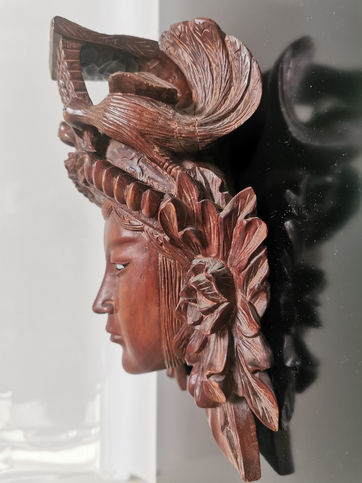 Vintage 19C Rosewood Hand Carved Asian Chinese Face Mask Birds Wall Decor 27cm - Image 5