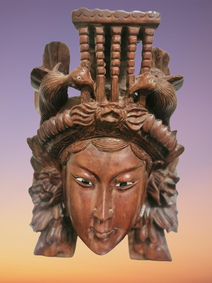 Vintage 19C Rosewood Hand Carved Asian Chinese Face Mask Birds Wall Decor 27cm