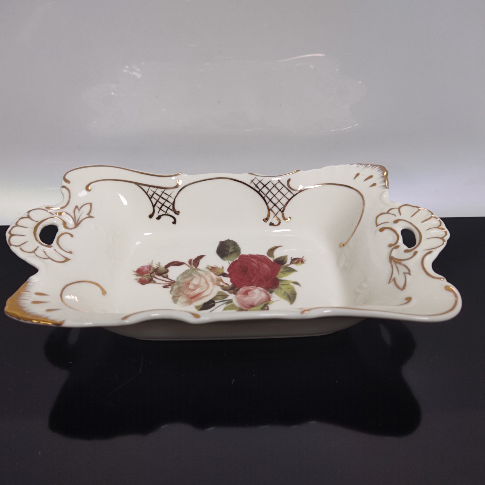 1970's Diana Porcelain Bowl Trinket Plate Tray England Design Roses and Gold - Image 3