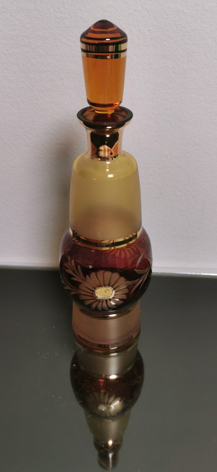 Beautiful Vintage Bohemian Engraved Decanter Set Amber Glass Gold + 4 glasses - Image 3