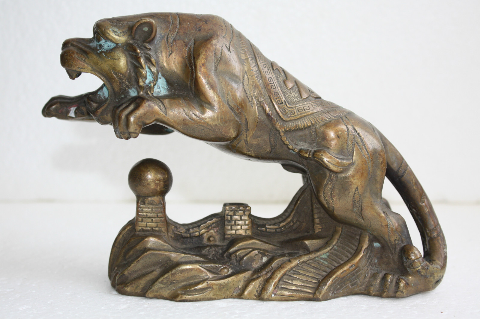 Old Antique Chinese Bronze Tiger Stamped Green Patina Gorgeous Home Bar Decor 7" - Image 4