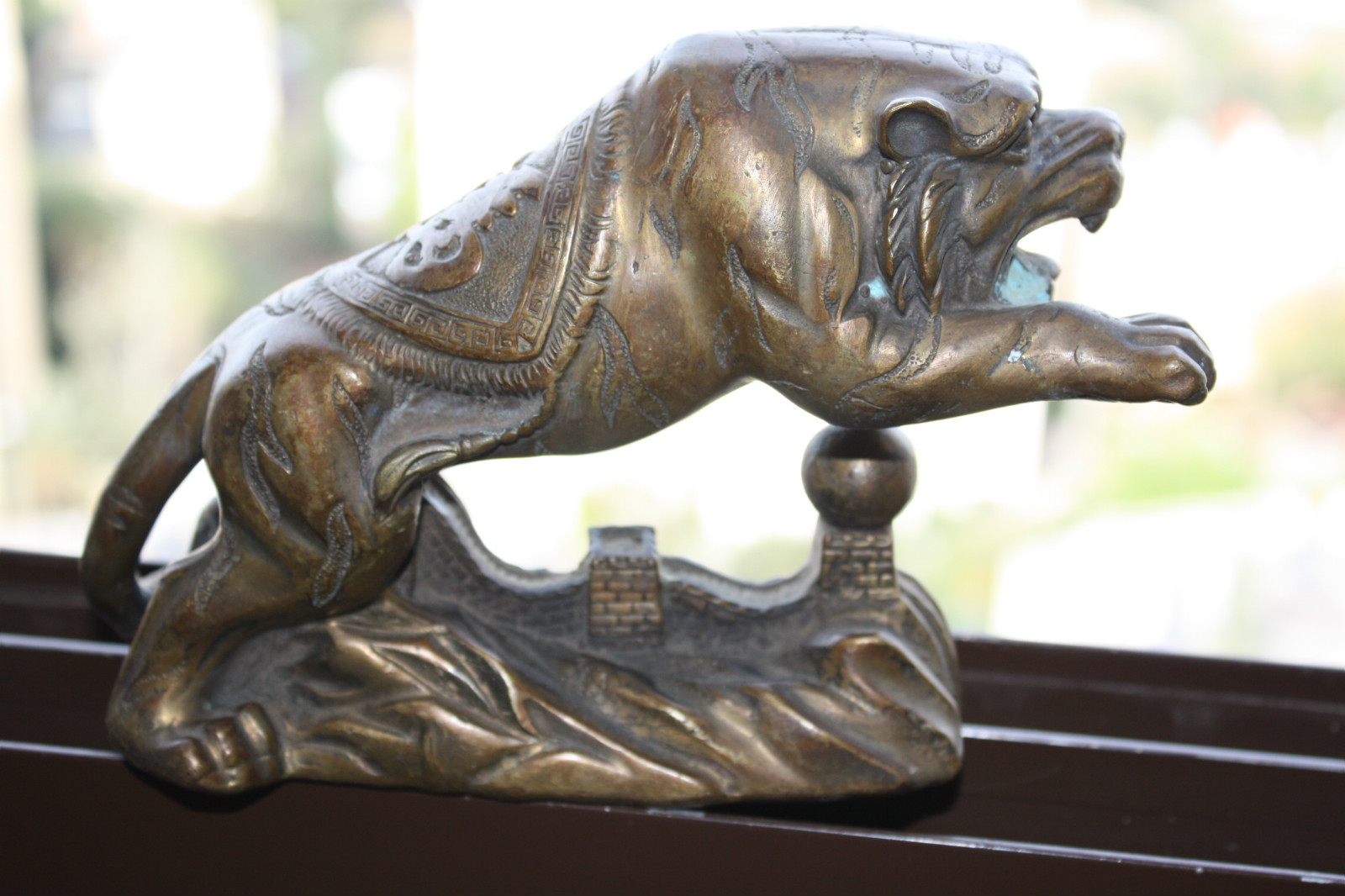Old Antique Chinese Bronze Tiger Stamped Green Patina Gorgeous Home Bar Decor 7"