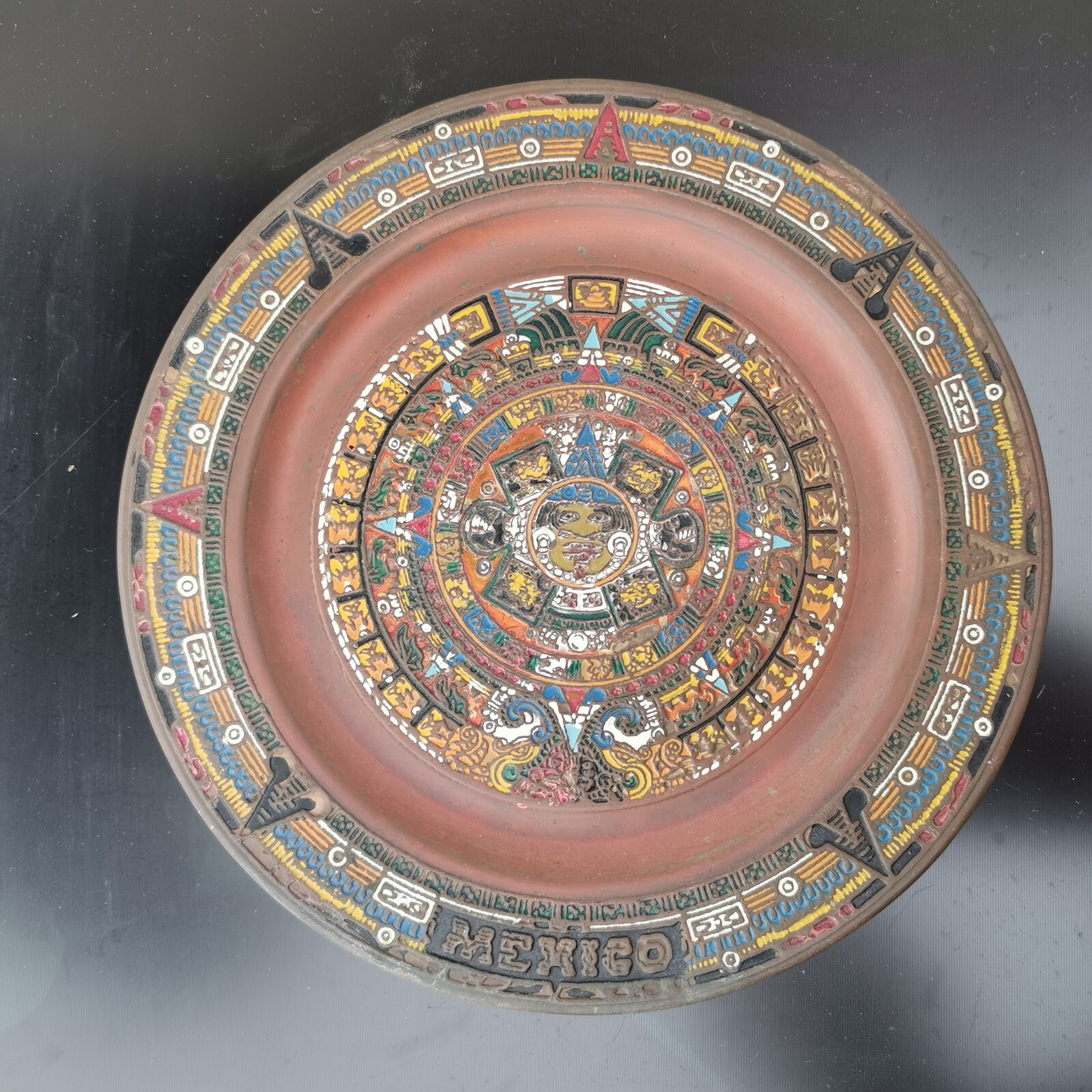 Old Antique Mexico Maya Aztec Calendar Enamel on Copper Plate Wall Hanging Art - Image 2