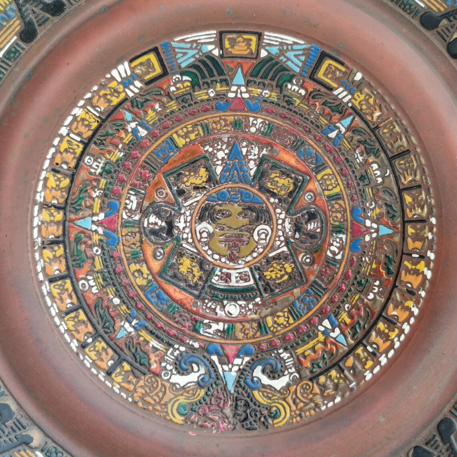 Old Antique Mexico Maya Aztec Calendar Enamel on Copper Plate Wall Hanging Art - Image 3