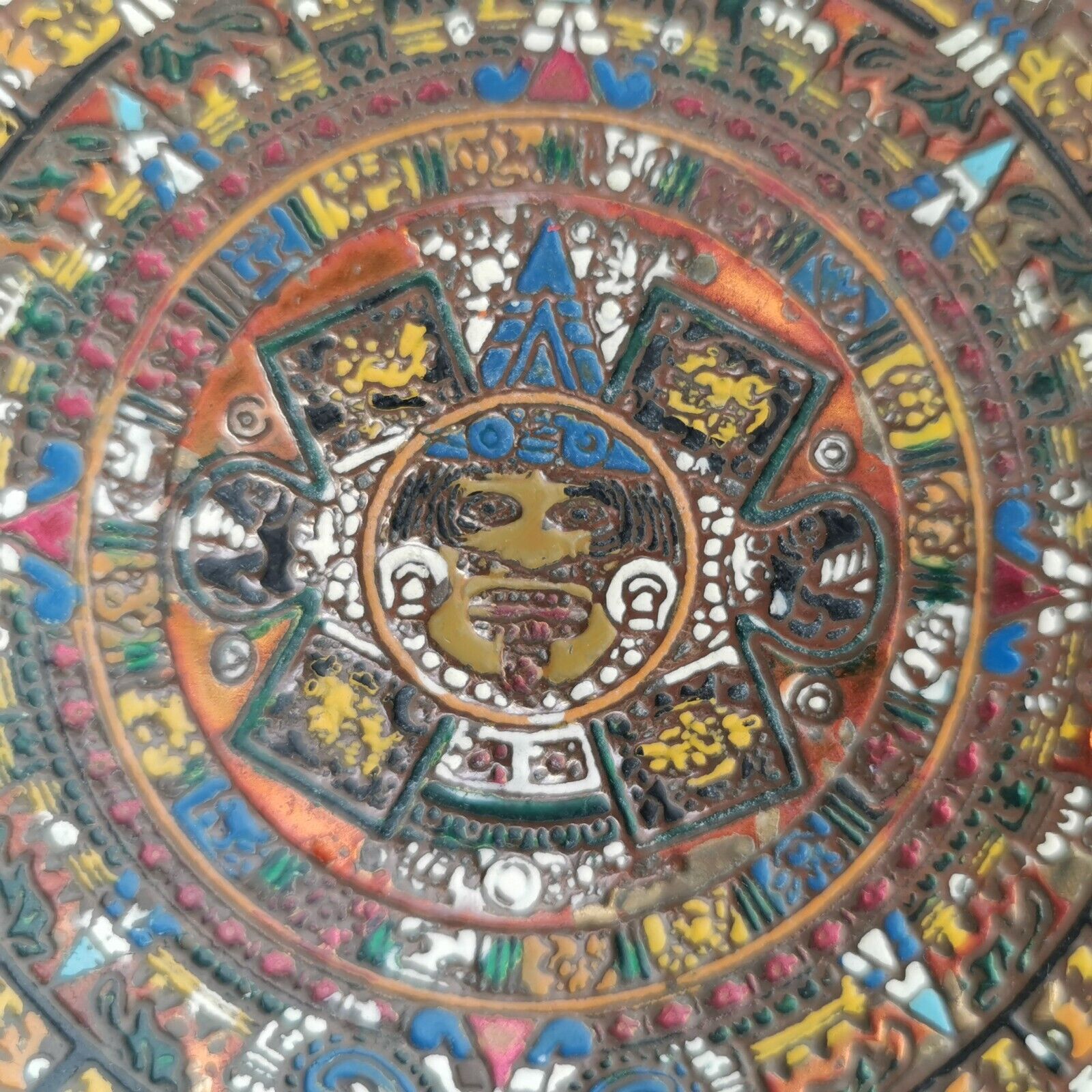 Old Antique Mexico Maya Aztec Calendar Enamel on Copper Plate Wall Hanging Art - Image 4