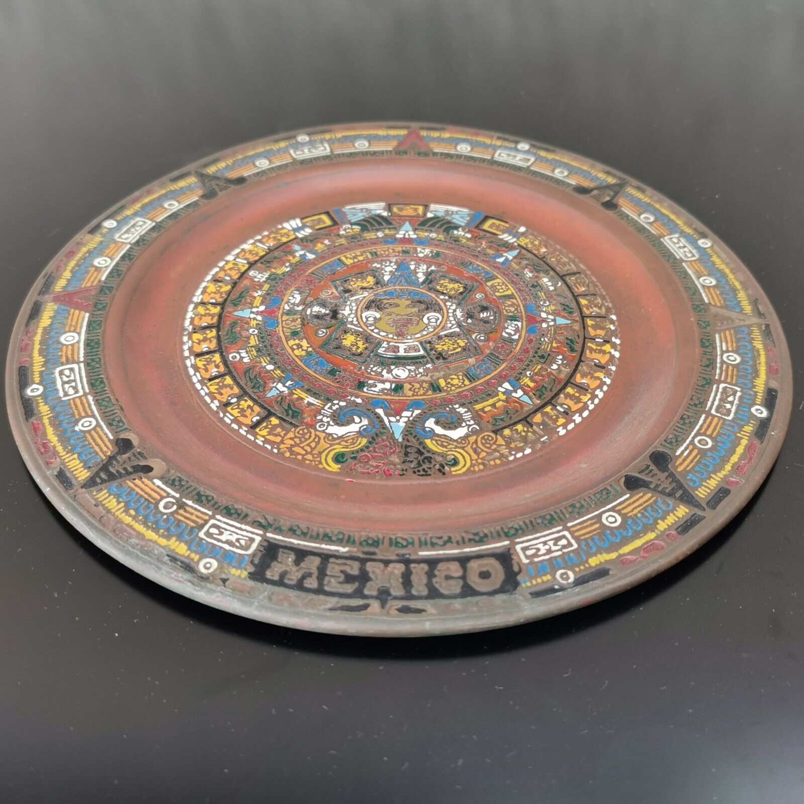 Old Antique Mexico Maya Aztec Calendar Enamel on Copper Plate Wall Hanging Art - Image 5