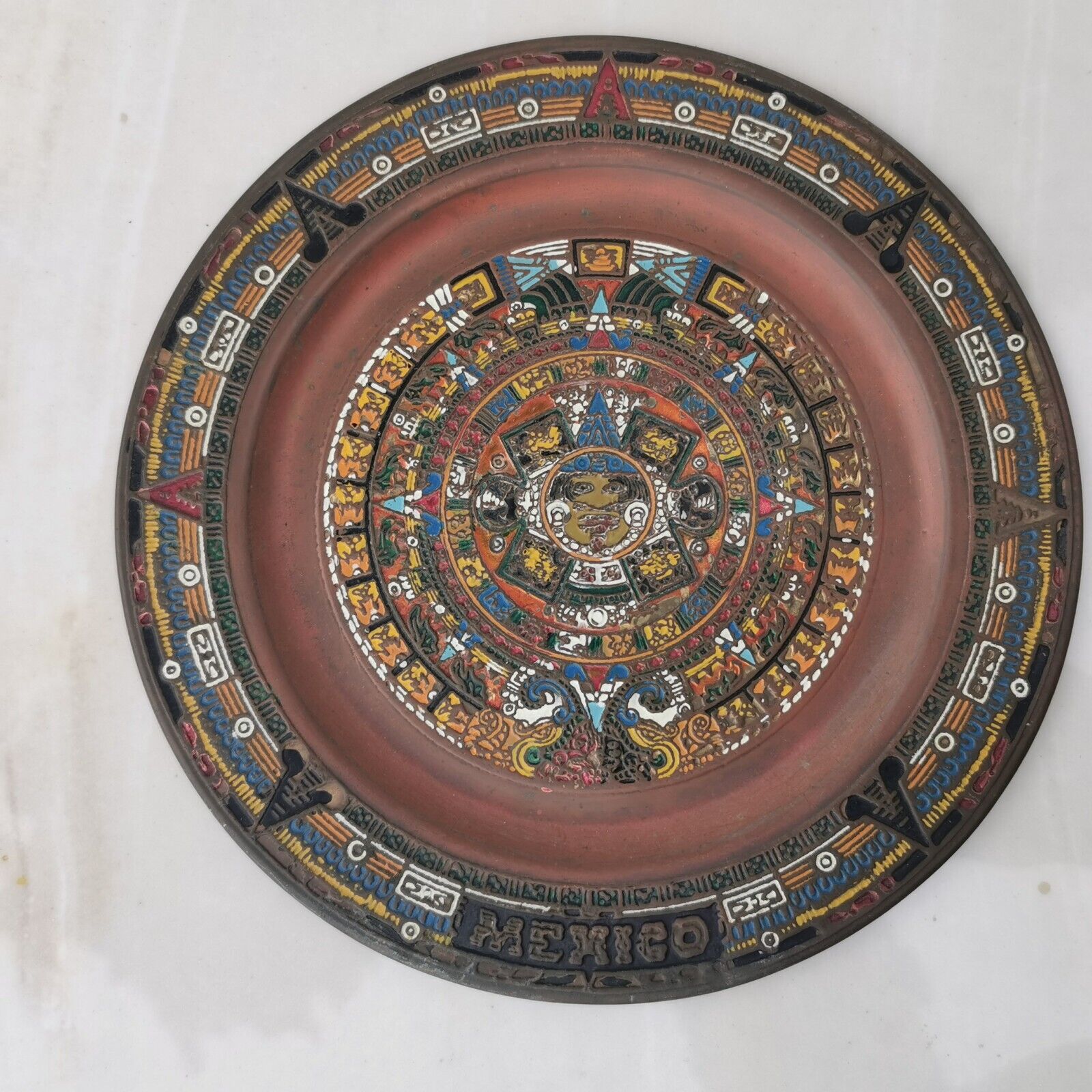 Old Antique Mexico Maya Aztec Calendar Enamel on Copper Plate Wall Hanging Art - Image 6