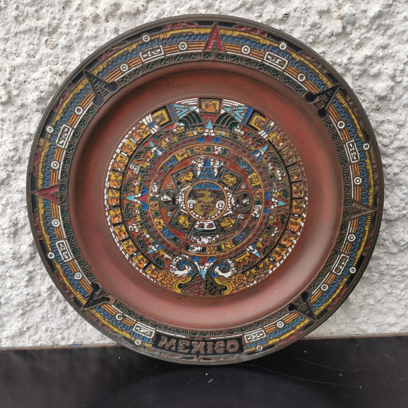 Old Antique Mexico Maya Aztec Calendar Enamel on Copper Plate Wall Hanging Art