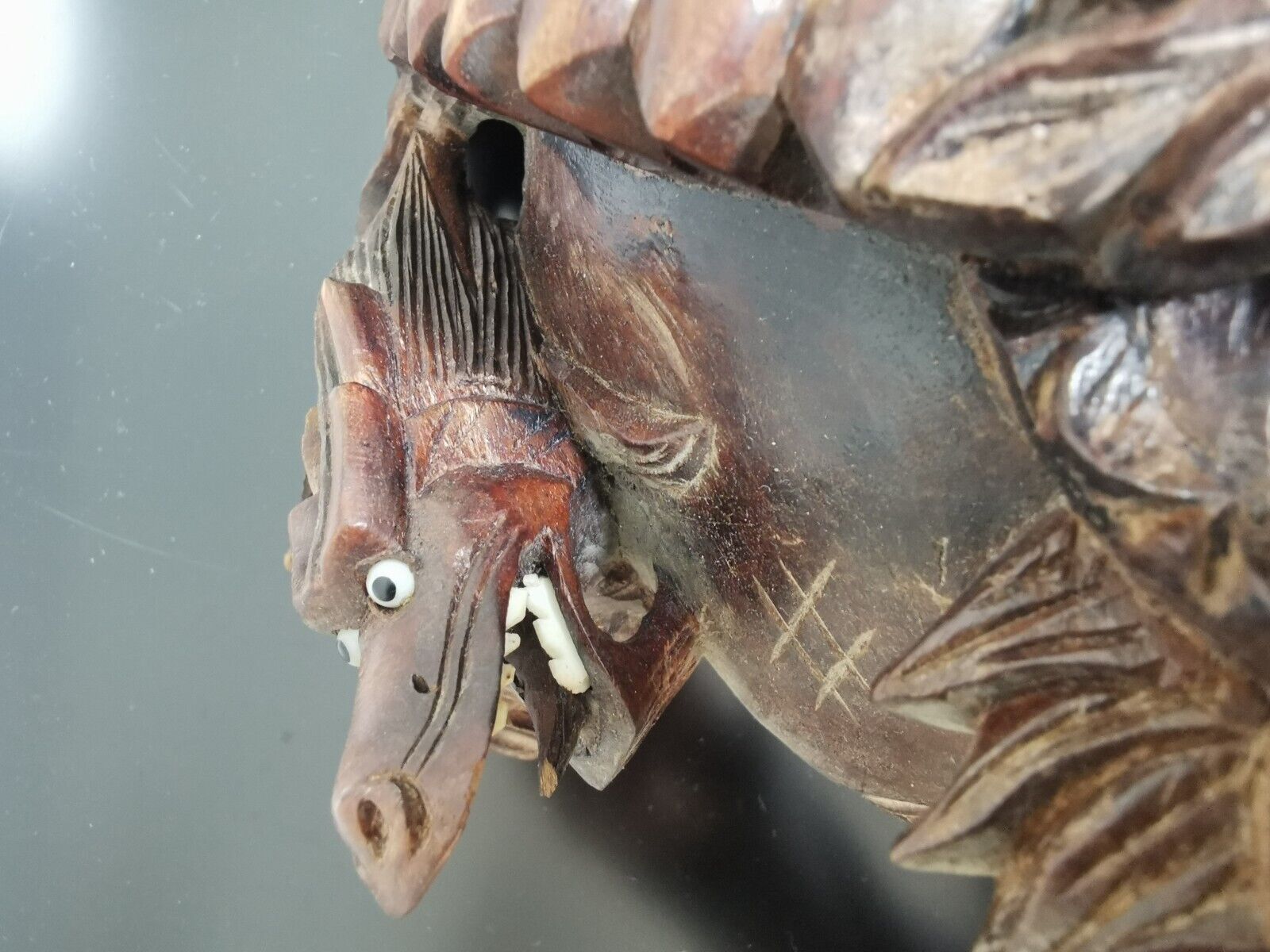 Vintage 19C Rosewood Hand Carved Asian Chinese Face Mask Dragons Wall Decor 27cm - Image 11