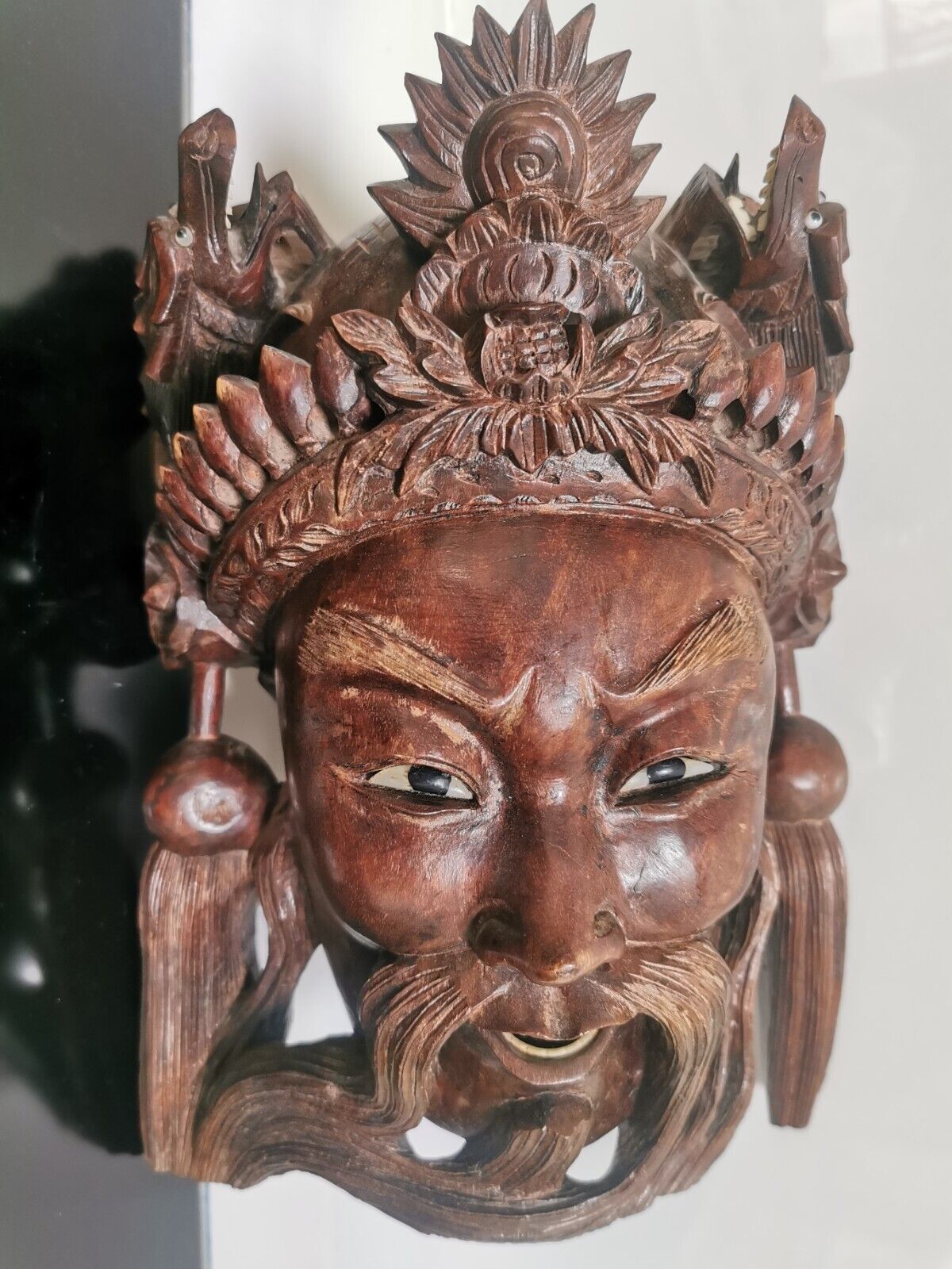 Vintage 19C Rosewood Hand Carved Asian Chinese Face Mask Dragons Wall Decor 27cm - Image 13