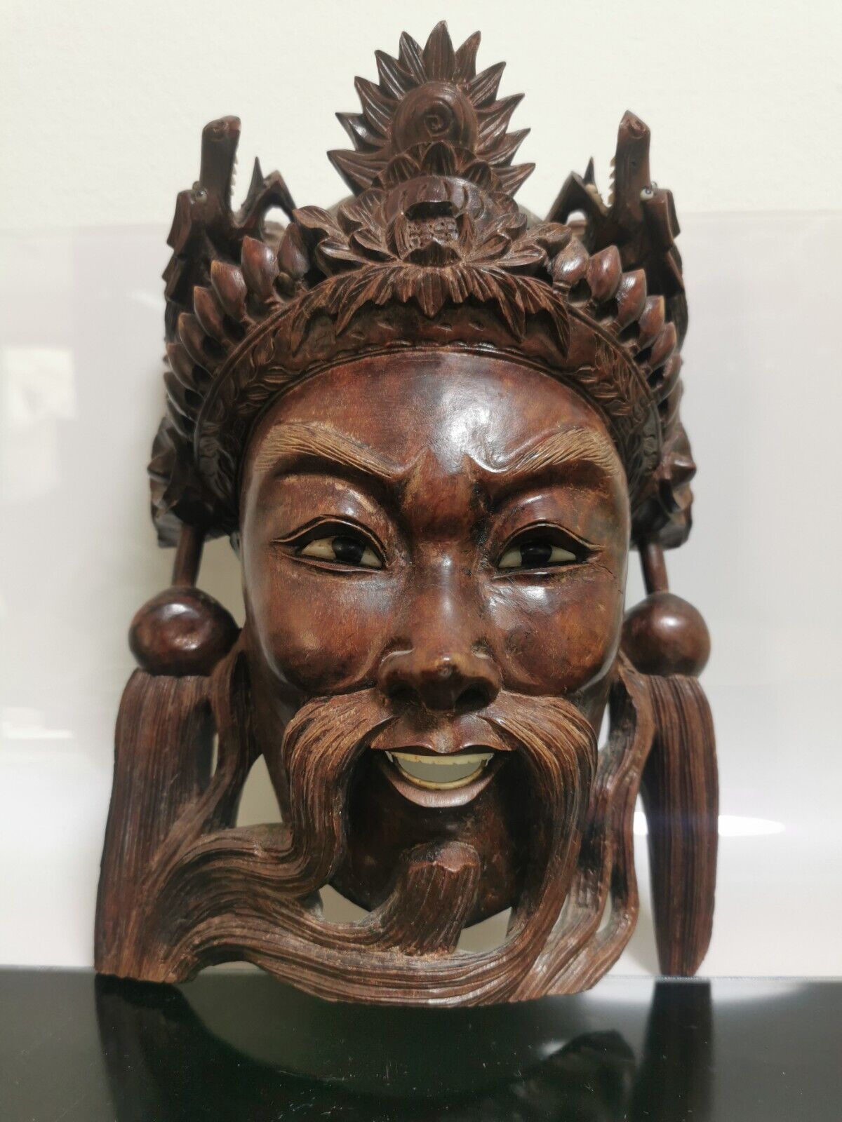 Vintage 19C Rosewood Hand Carved Asian Chinese Face Mask Dragons Wall Decor 27cm - Image 3