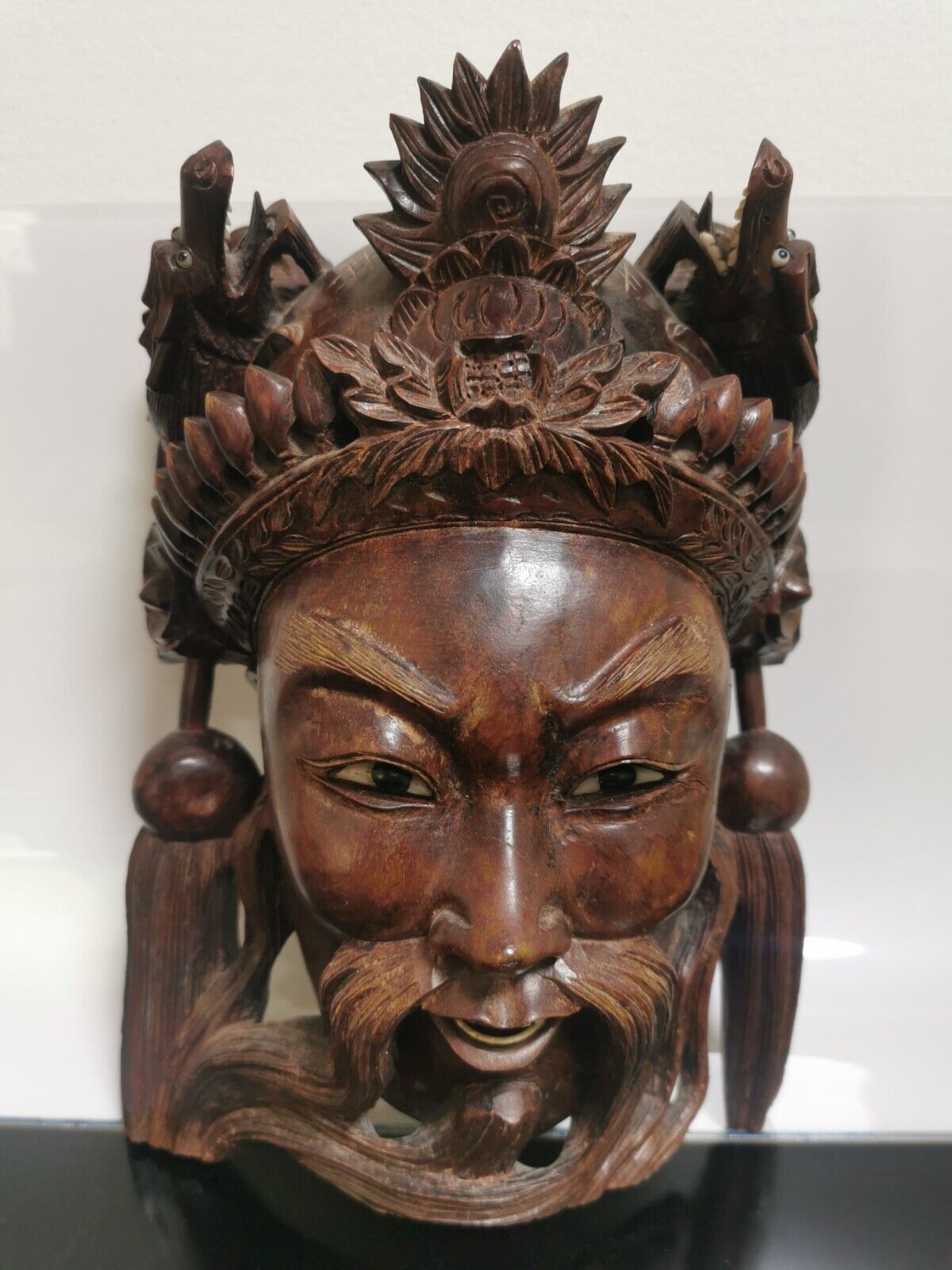 Vintage 19C Rosewood Hand Carved Asian Chinese Face Mask Dragons Wall Decor 27cm - Image 4