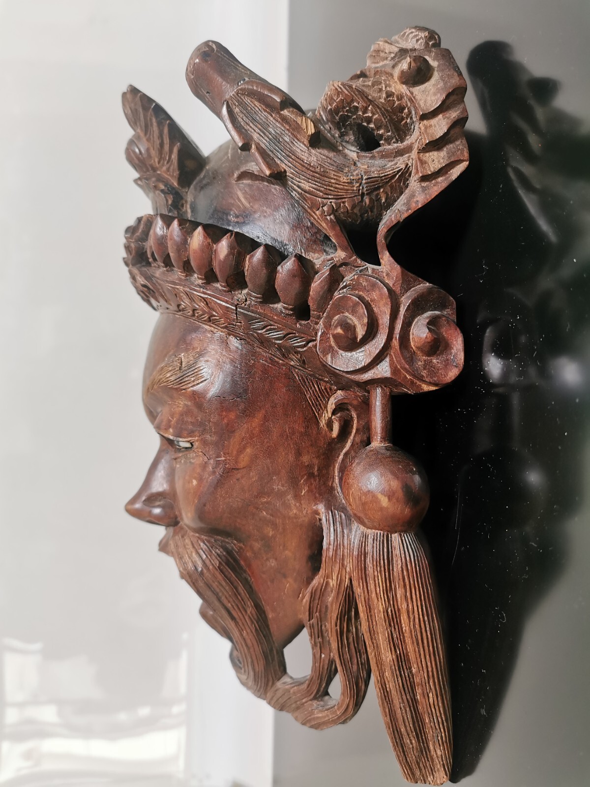 Vintage 19C Rosewood Hand Carved Asian Chinese Face Mask Dragons Wall Decor 27cm - Image 8