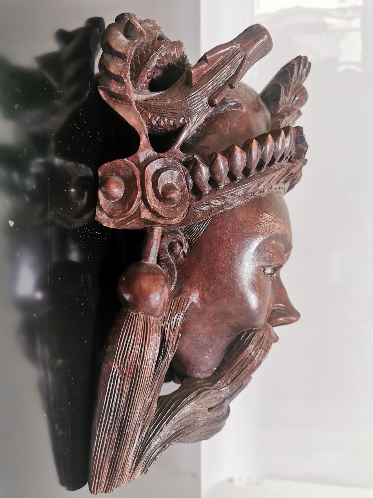 Vintage 19C Rosewood Hand Carved Asian Chinese Face Mask Dragons Wall Decor 27cm - Image 9
