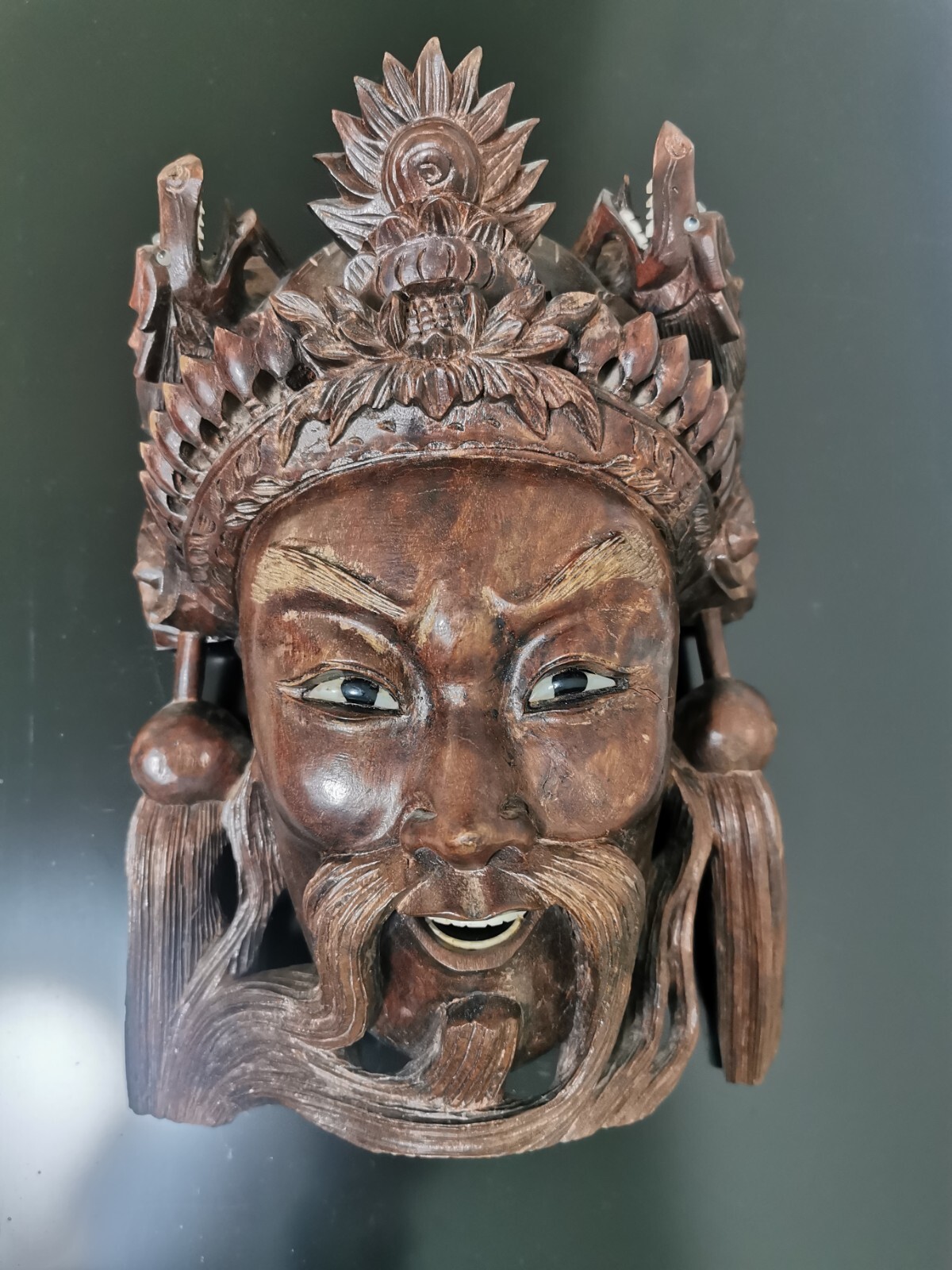 Vintage 19C Rosewood Hand Carved Asian Chinese Face Mask Dragons Wall Decor 27cm - Image 10