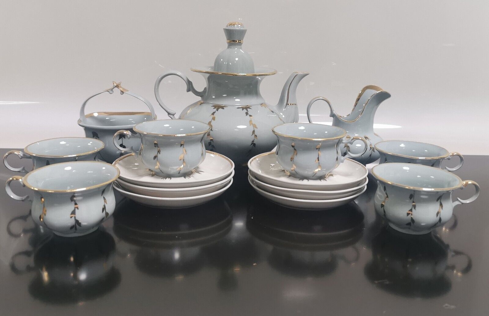 Vintage Collectable Korosten Ukraine Gray and Gold Coffee Tea Set 70's
