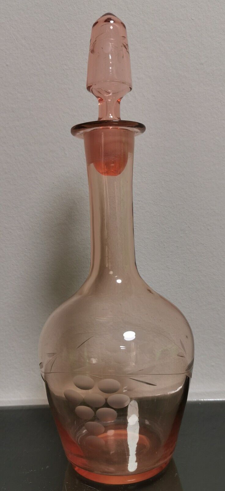Beautiful Antique Wine Liqueur Decanter Pink Etched Grape Glass 30's