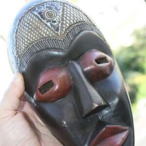 Old Antique Handcrafted In Ghana Africa Wooden Mask Carved with Metal Inlay Rare