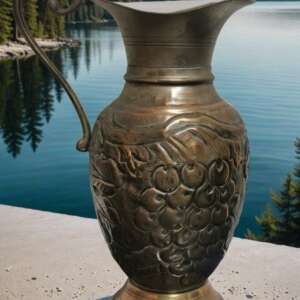 Vintage Brass Water or Wine Embossed Urn Jug Pitcher Vase