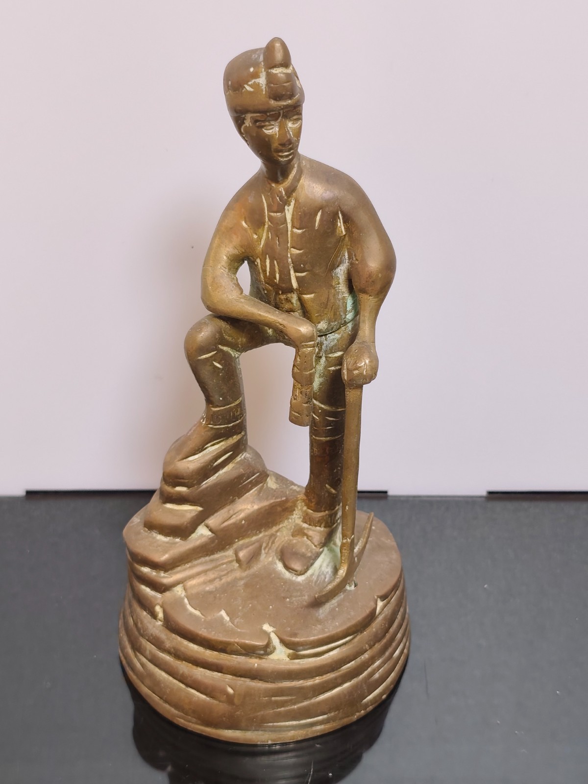 Vintage Solid Brass Miner Figurine with Pick and Davy Lamp - Image 2