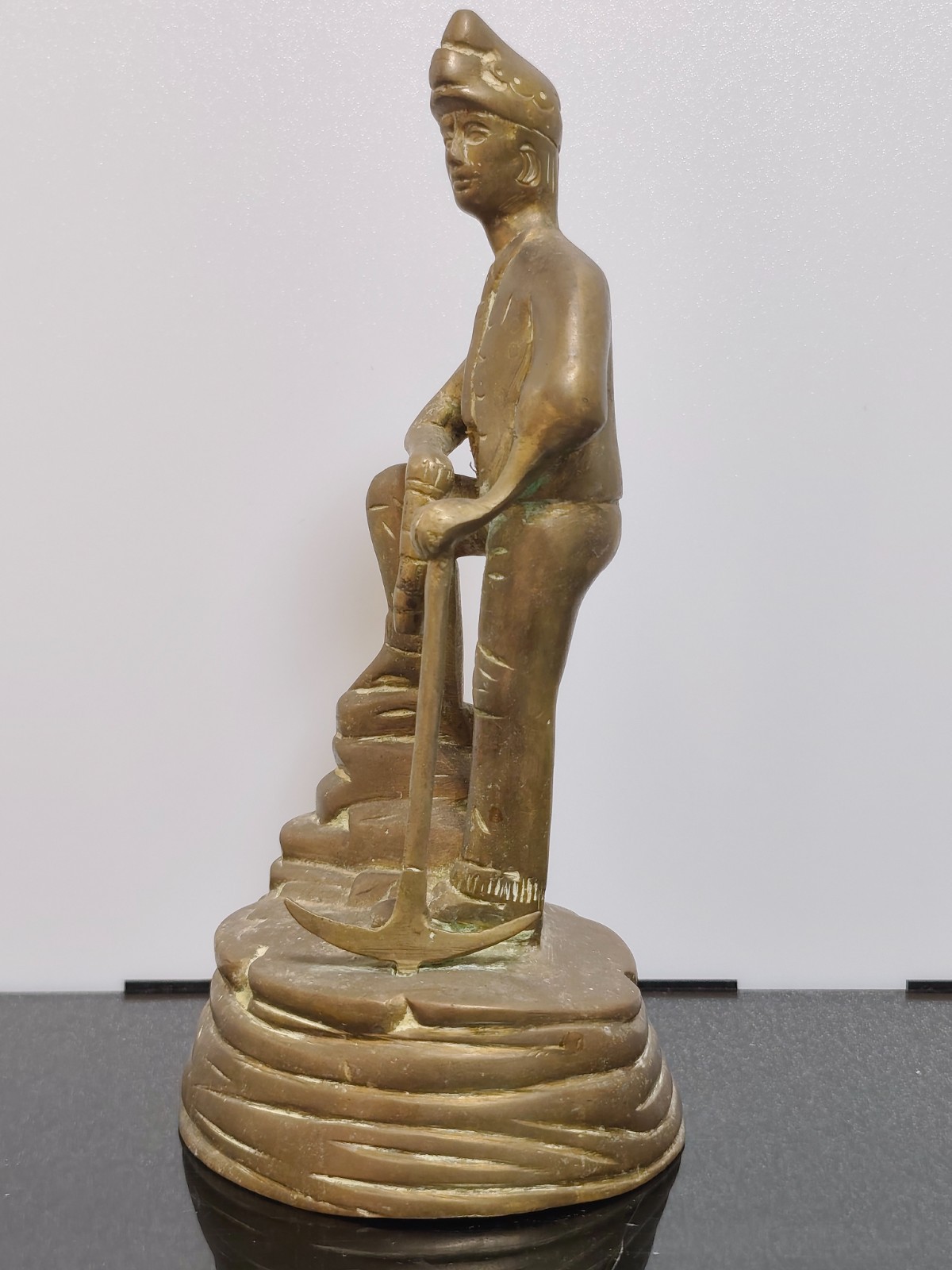 Vintage Solid Brass Miner Figurine with Pick and Davy Lamp - Image 3