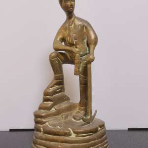 Vintage Solid Brass Miner Figurine with Pick and Davy Lamp