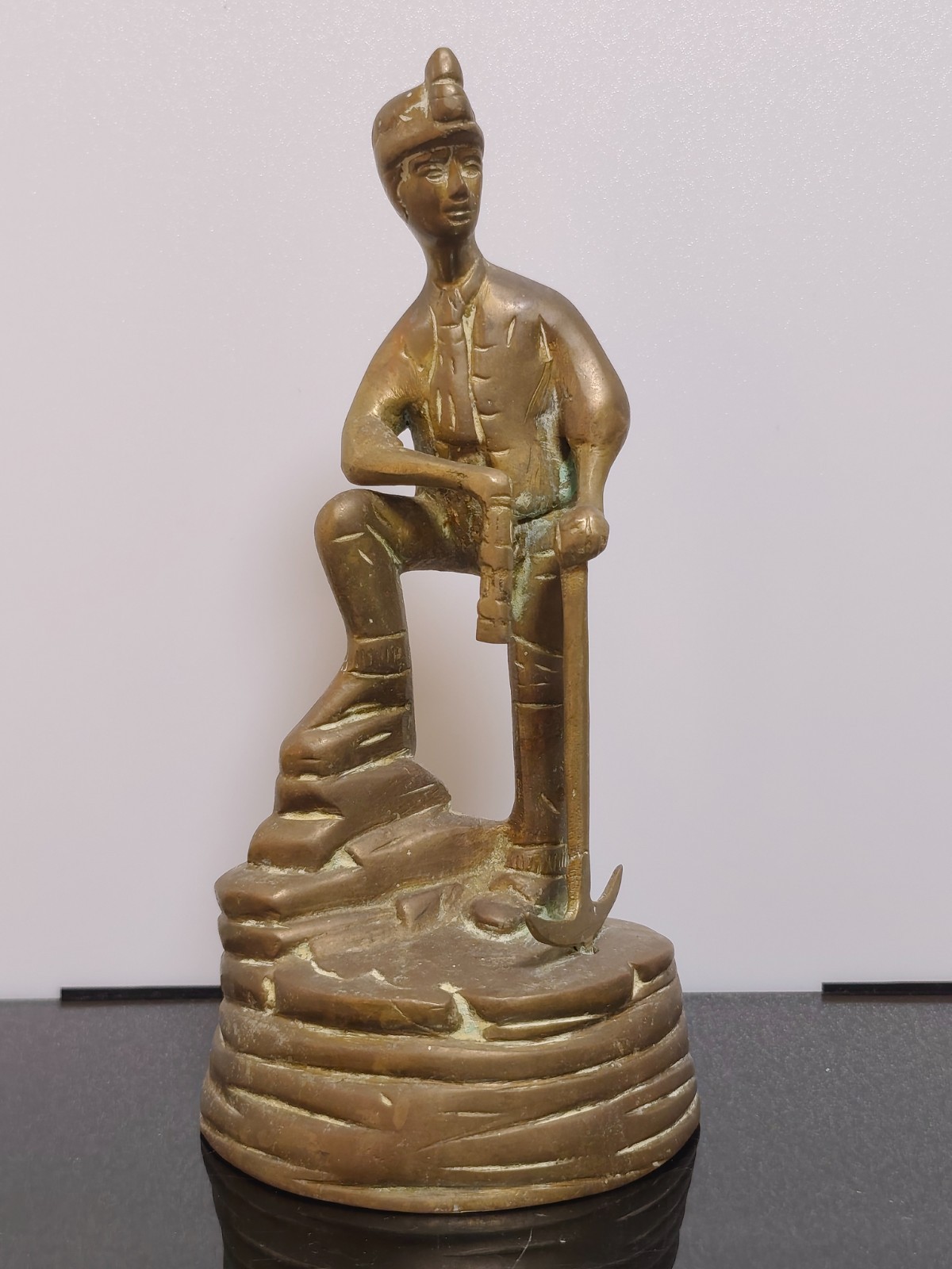 Vintage Solid Brass Miner Figurine with Pick and Davy Lamp