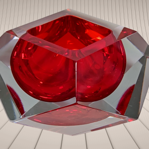 60s Heavy Bowl Ashtray Red / Clear Murano Glass by Flavio Poli for Seguso Italy