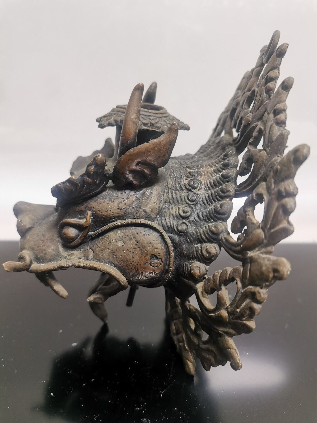 Antique Bronze Dragon Head Wall Hanging Candleholder China / Nepal Decoration - Image 3