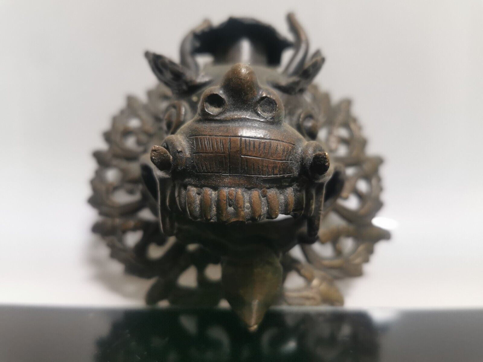 Antique Bronze Dragon Head Wall Hanging Candleholder China / Nepal Decoration - Image 4