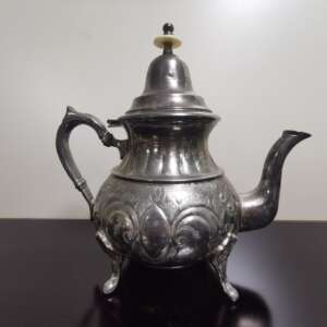 Old Antique Ornate Marocco Silver Plated Brass Teapot with Floral Details Signed