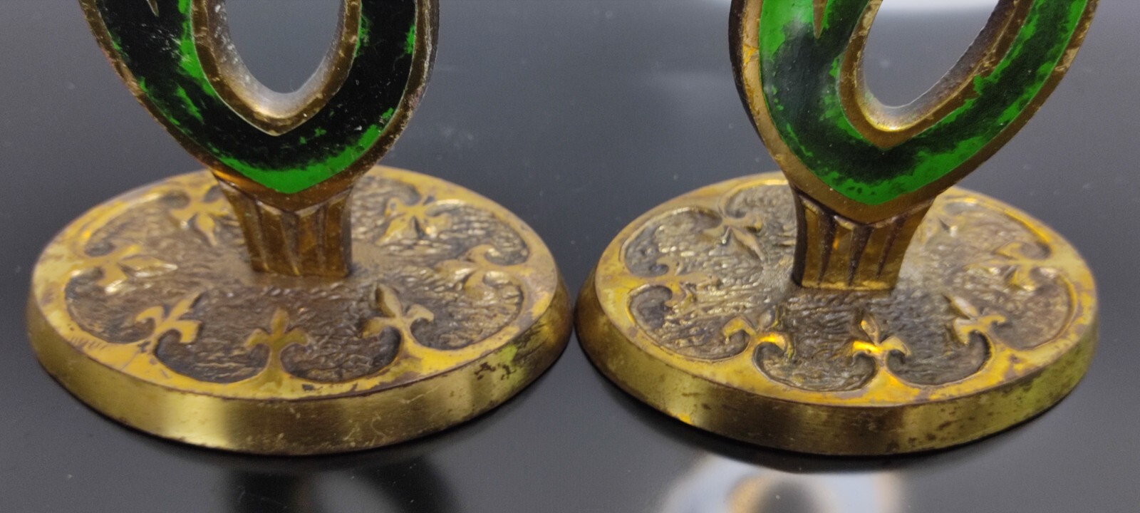 Pair of Brass & Enamel Menorah Candle Holders Israel 60's Holy Land Candlesticks - Image 3